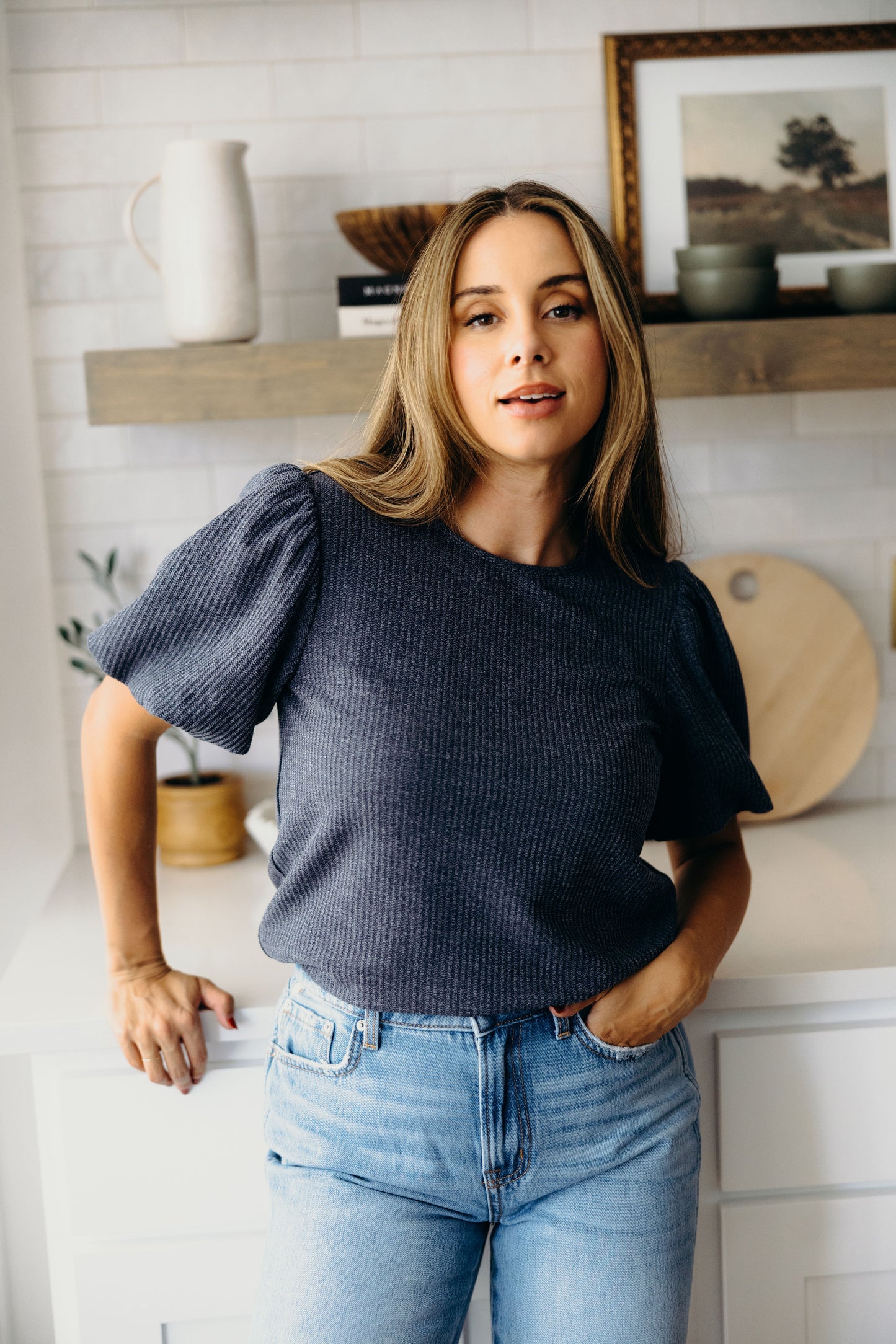 TEXTURED PUFF SLEEVE BLOUSE IN SLATE BLUE