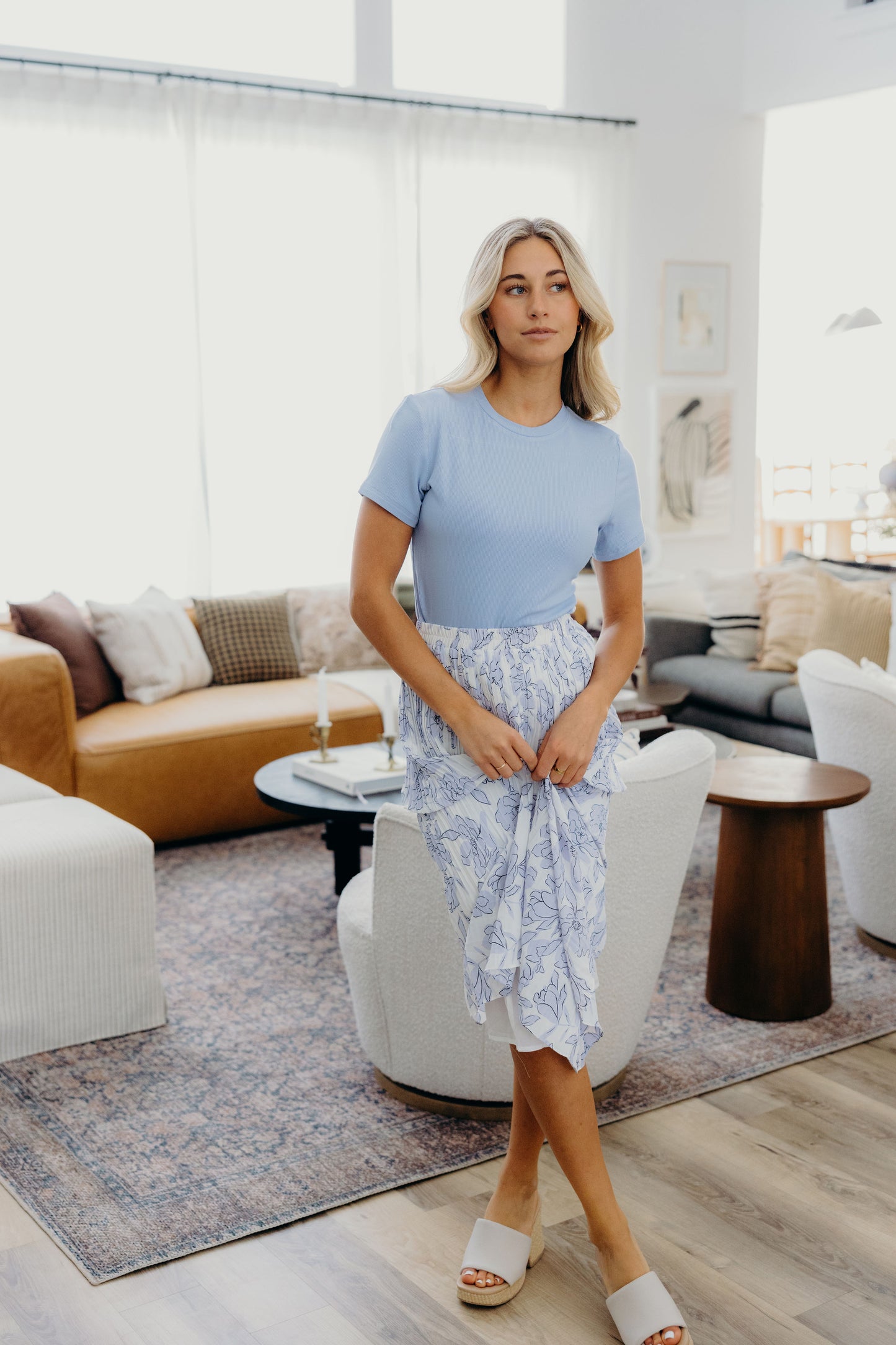 PLEATED MIDI SKIRT IN PERIWINKLE STENCIL FINAL SALE