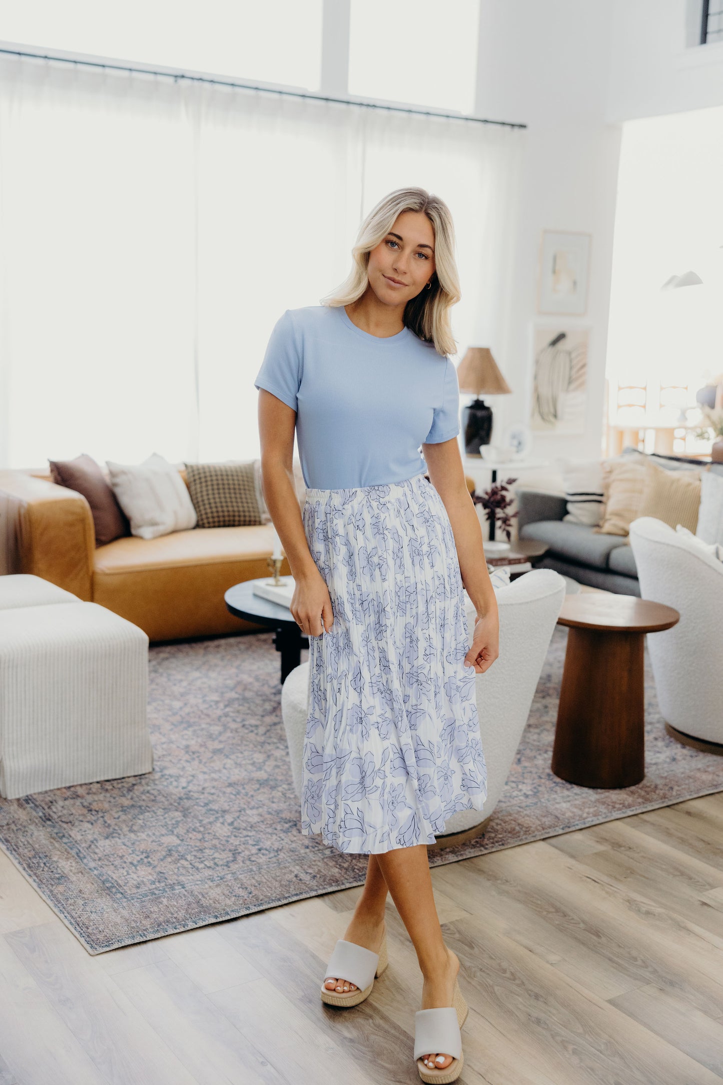 PLEATED MIDI SKIRT IN PERIWINKLE STENCIL FINAL SALE