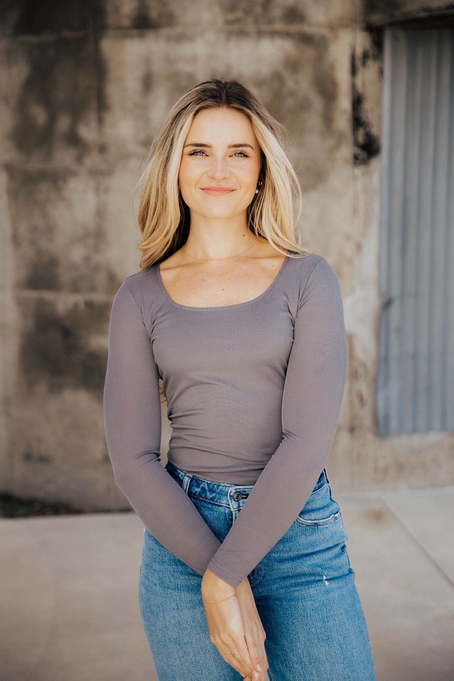 RIBBED LONG SLEEVE BODYSUIT IN CLOUDBURST FINAL SALE