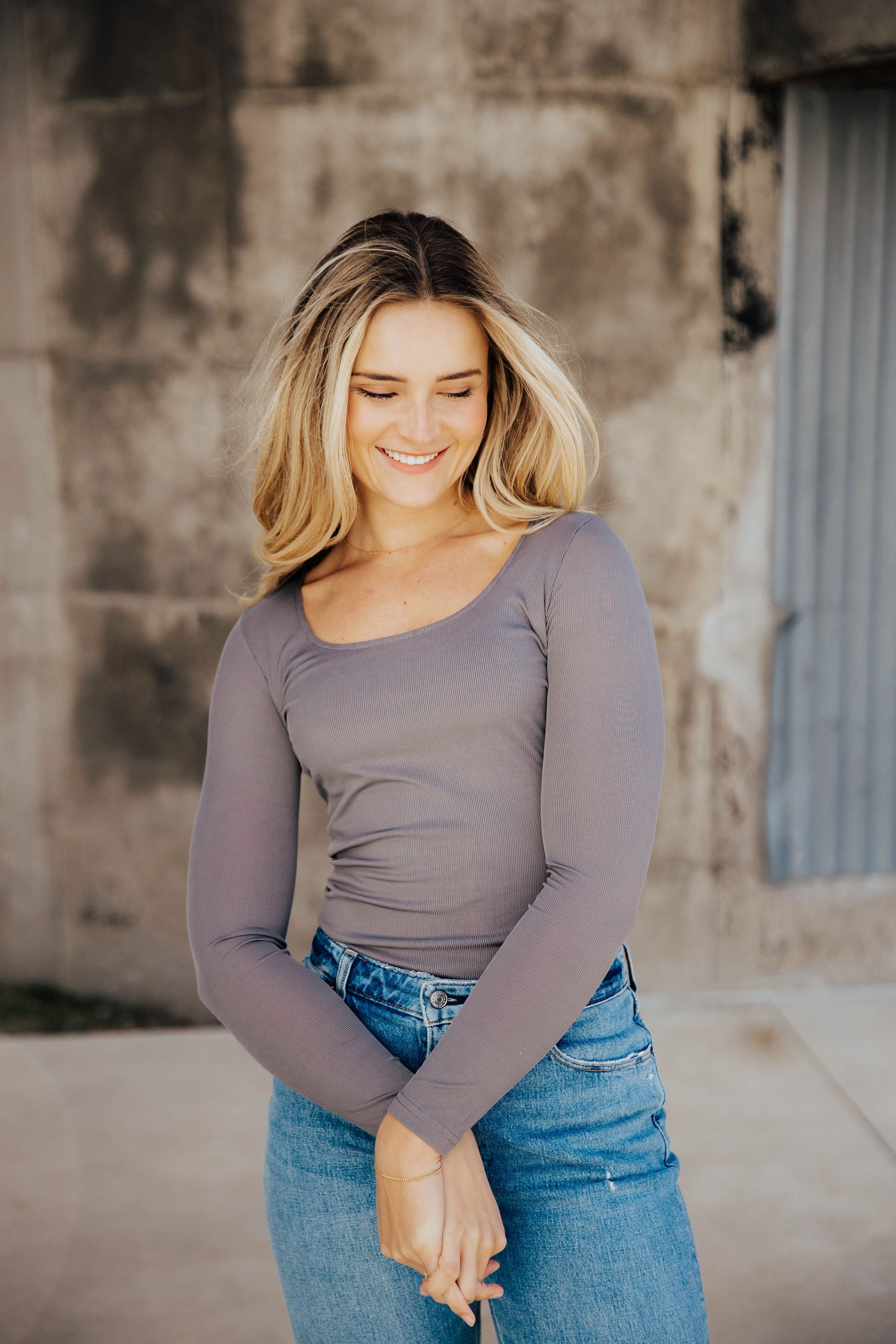 RIBBED LONG SLEEVE BODYSUIT IN CLOUDBURST FINAL SALE