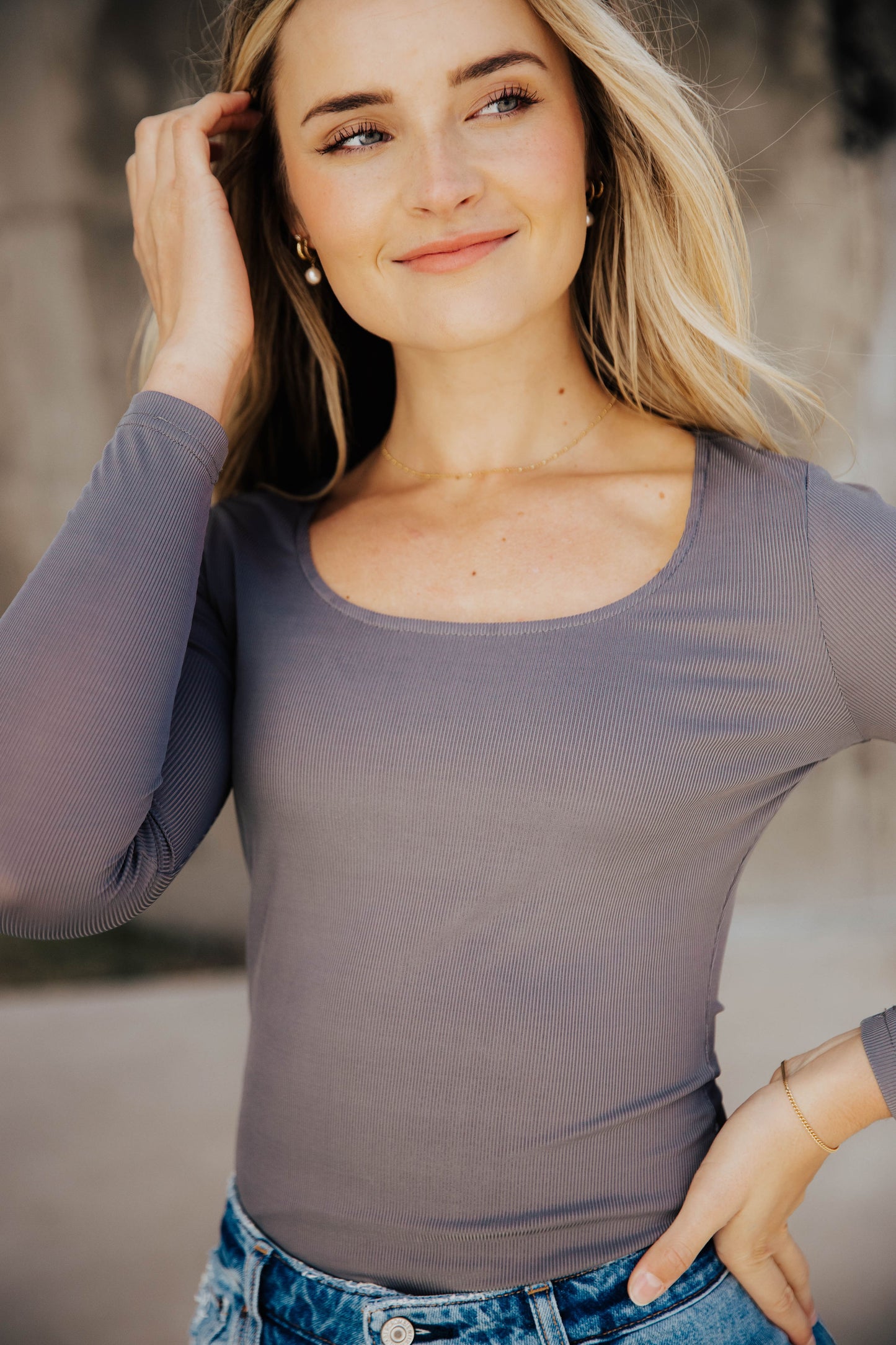RIBBED LONG SLEEVE BODYSUIT IN CLOUDBURST FINAL SALE