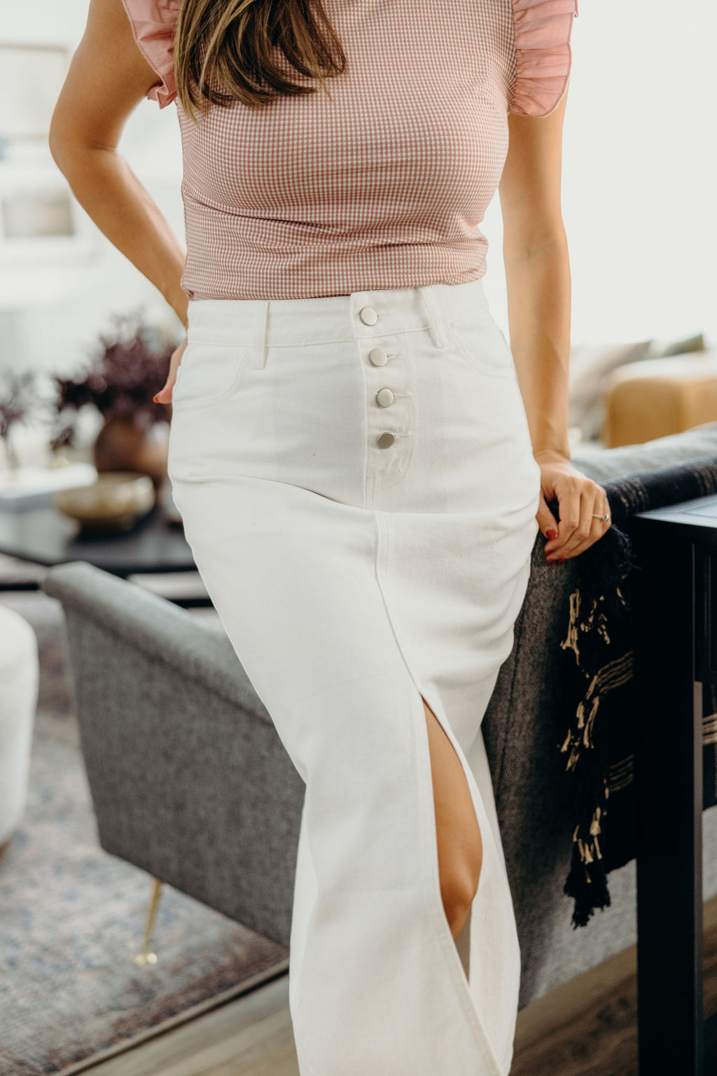 MAXI DENIM SKIRT IN WHITE FINAL SALE