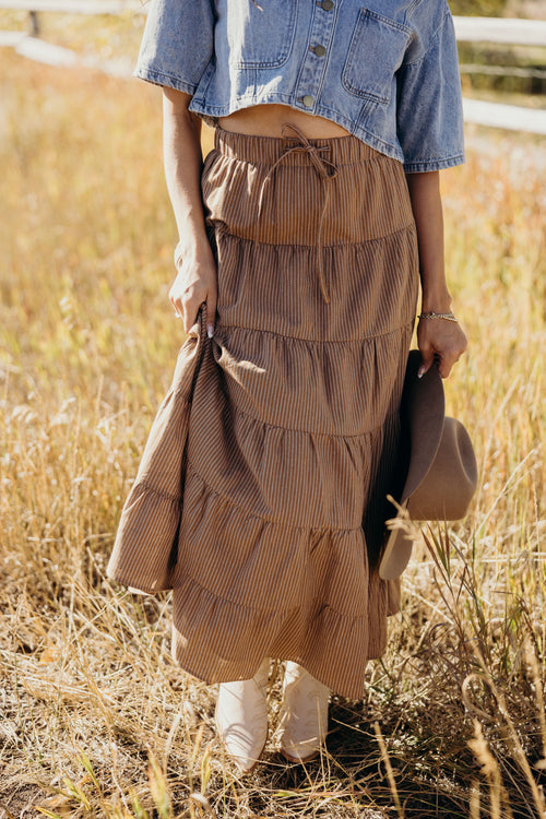 DRAWSTRING BOHO SKIRT IN SADDLE STRIPE