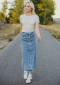 DENIM BUTTON MAXI SKIRT IN FADED WASH