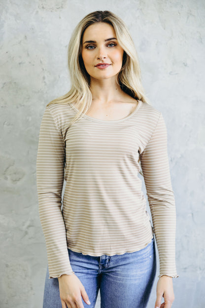 LONG SLEEVE RIBBED TEE IN BEIGE STRIPE