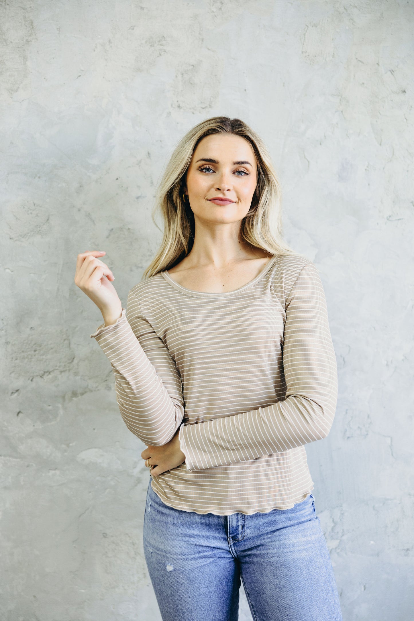 LONG SLEEVE RIBBED TEE IN BEIGE STRIPE