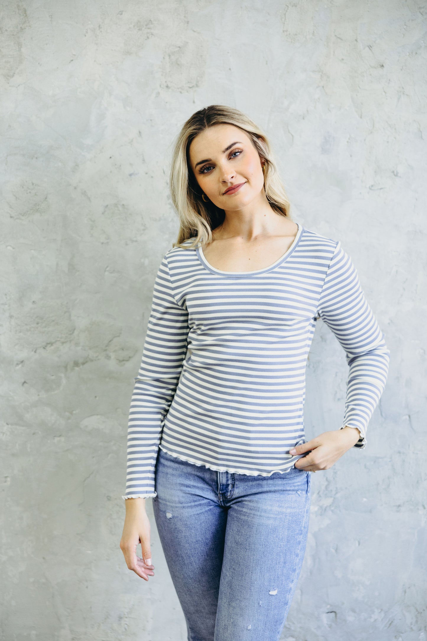 LONG SLEEVE RIBBED TEE IN CORNFLOWER BLUE STRIPE