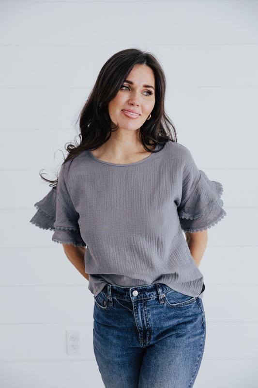 LACE TRIM BLOUSE IN BLUE FOG