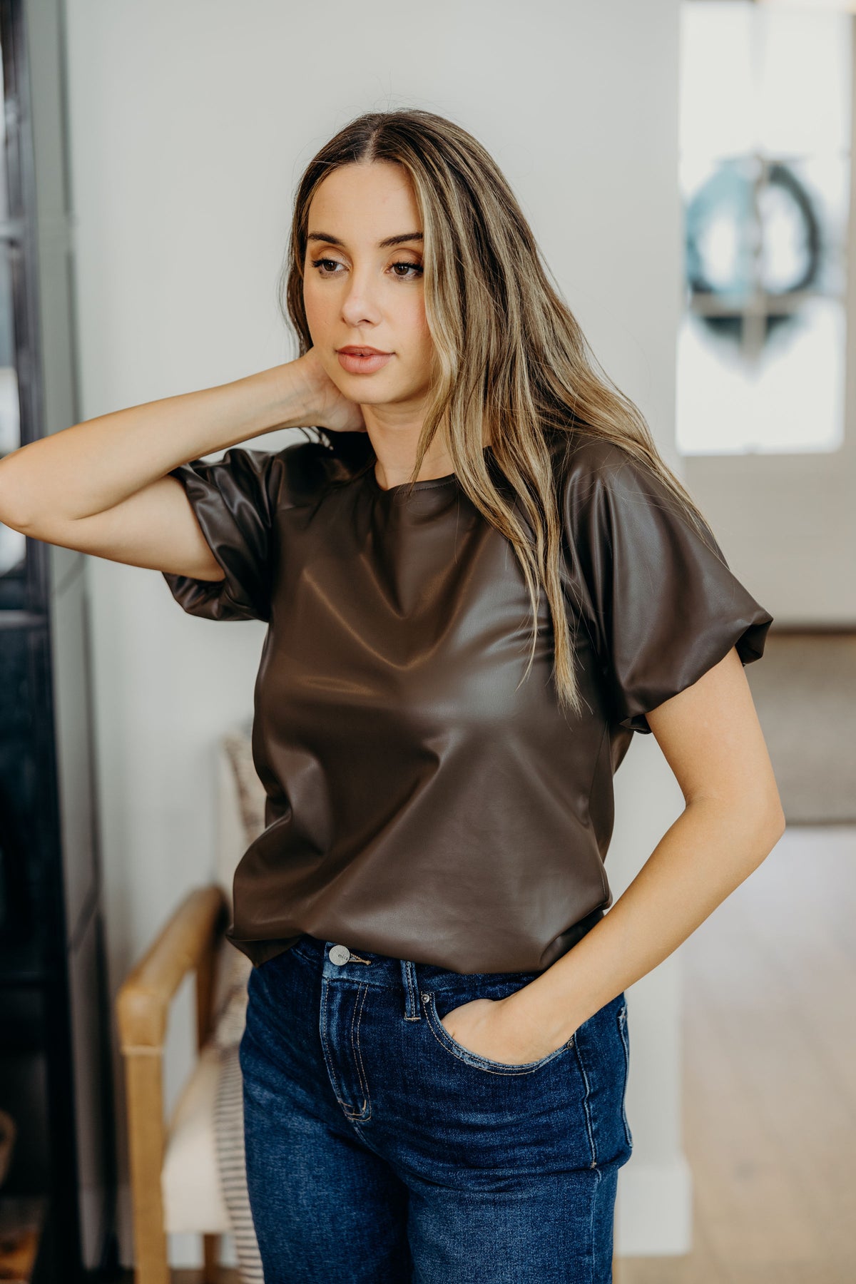 FAUX LEATHER TOP IN DRIFTWOOD FINAL SALE