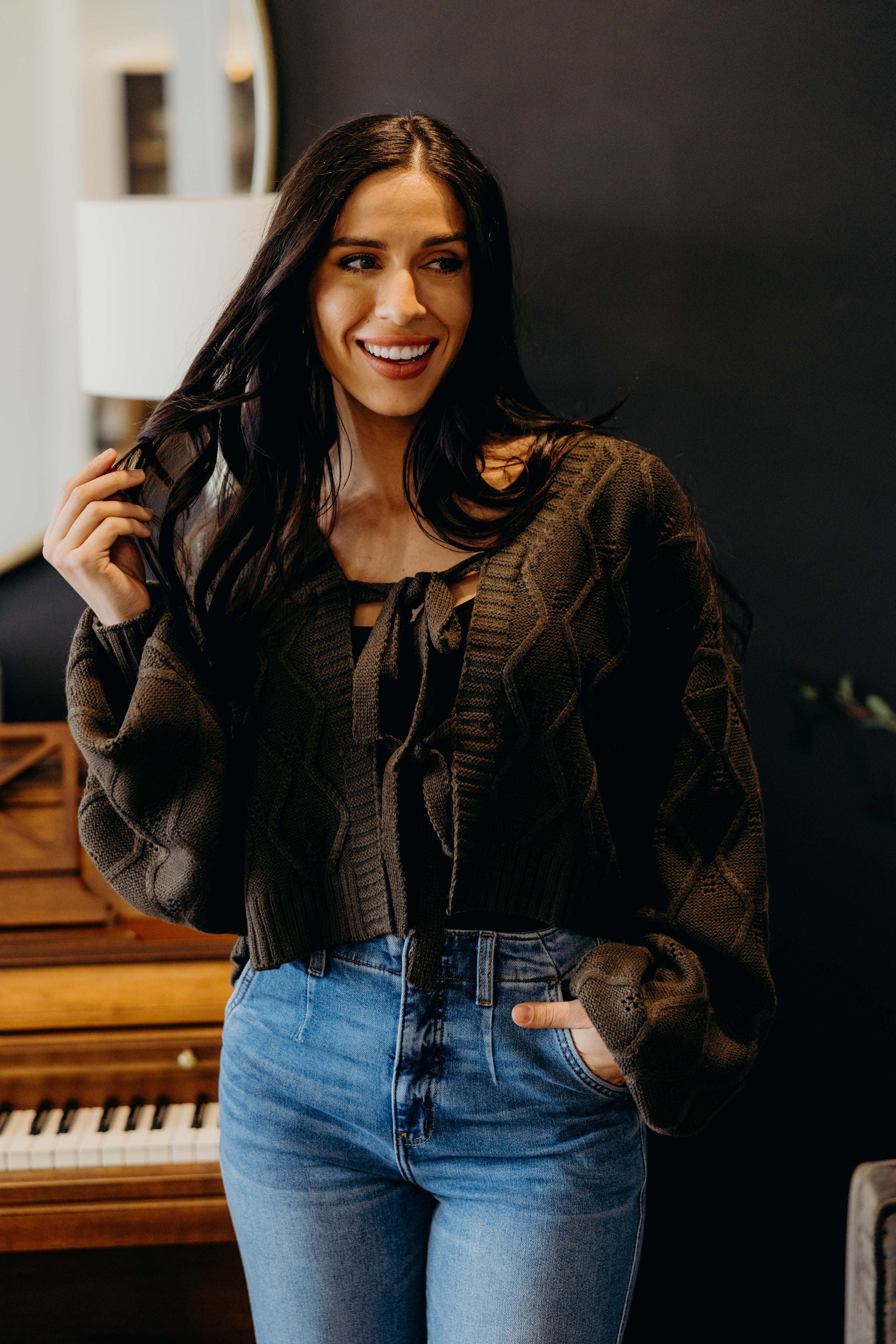 KNOTTED LONG SLEEVE CARDIGAN IN THYME LEAF