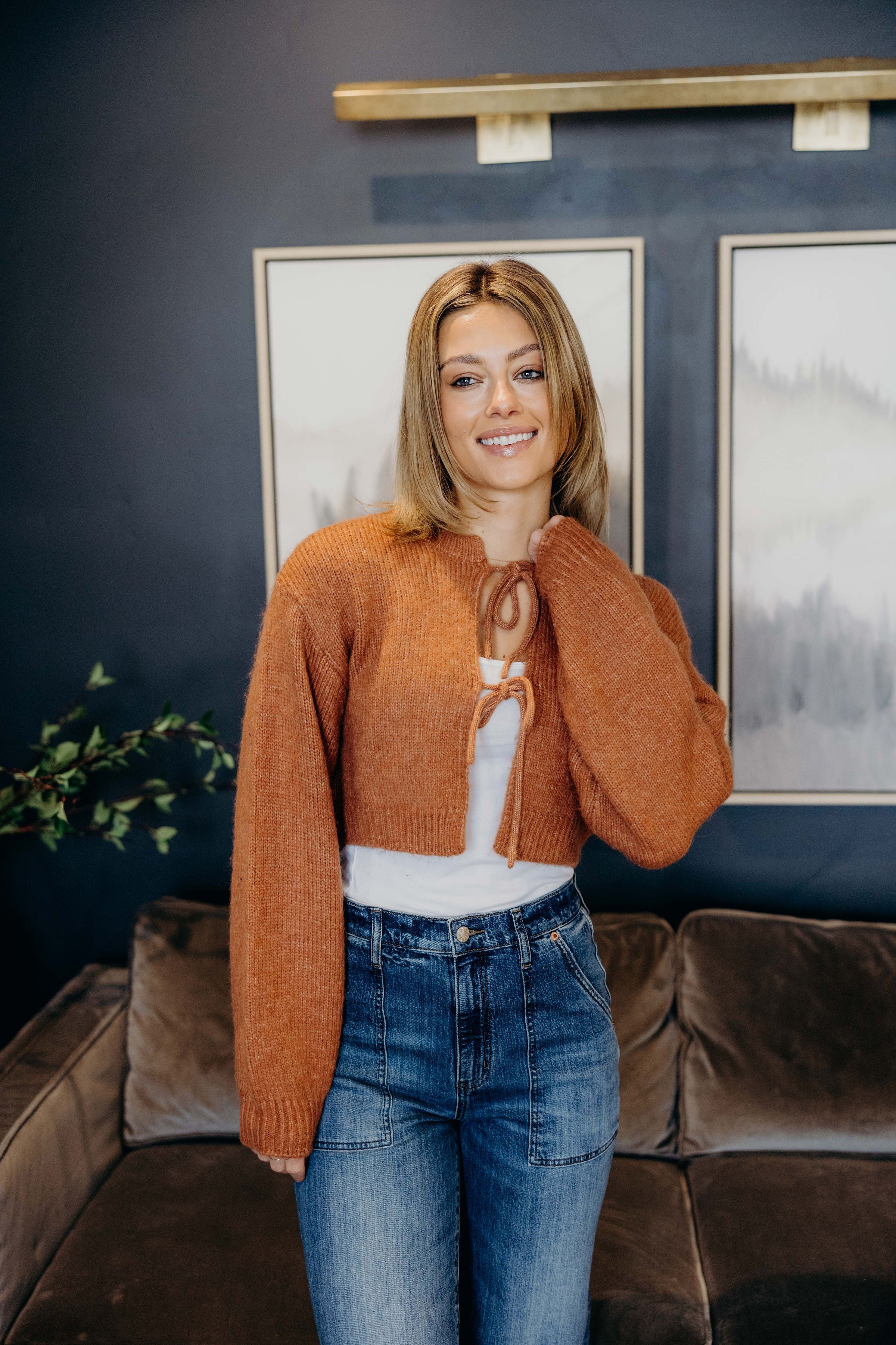 BOW FRONT CROP SWEATER IN HEATHERED PUMPKIN FINAL SALE
