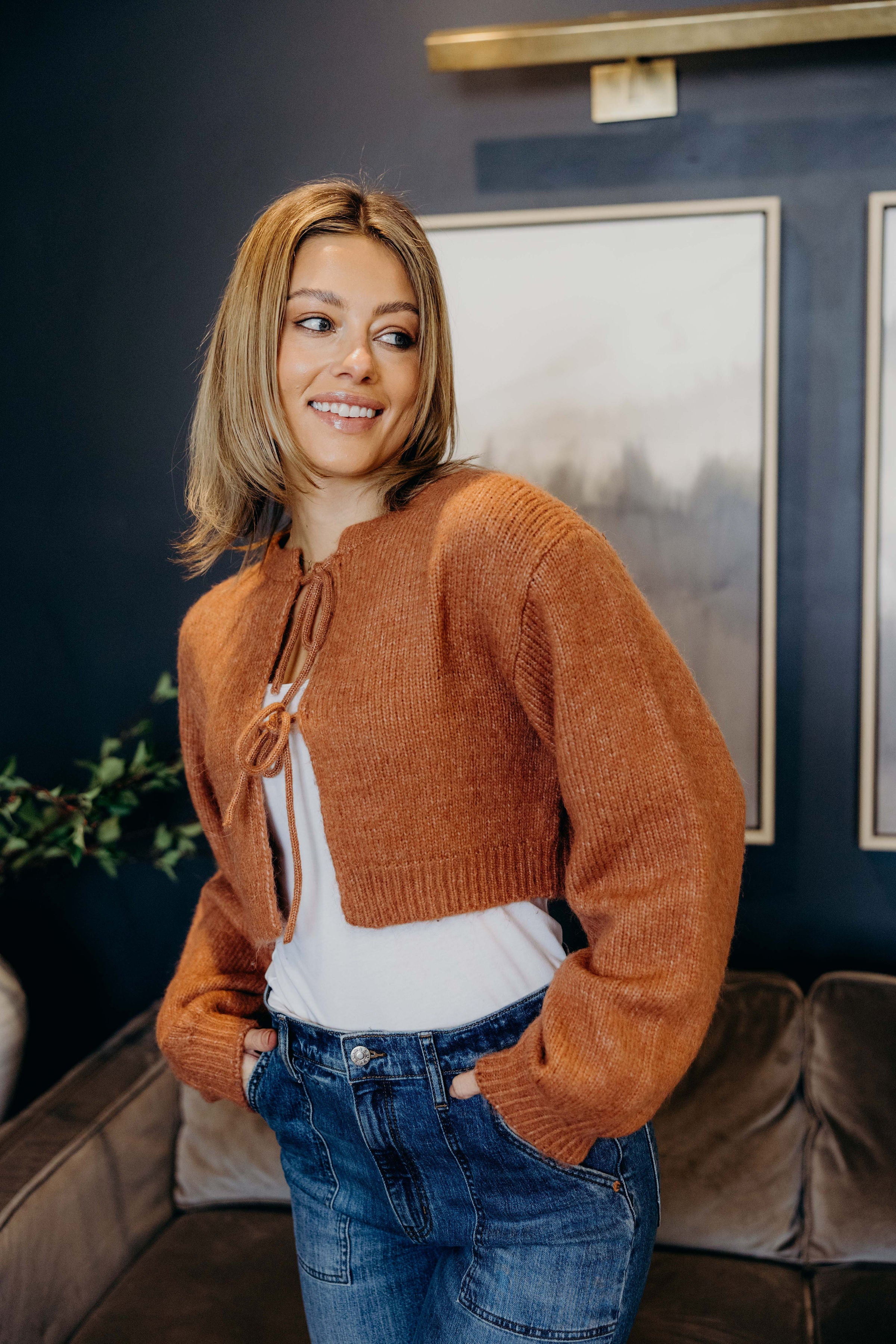 BOW FRONT CROP SWEATER IN HEATHERED PUMPKIN FINAL SALE