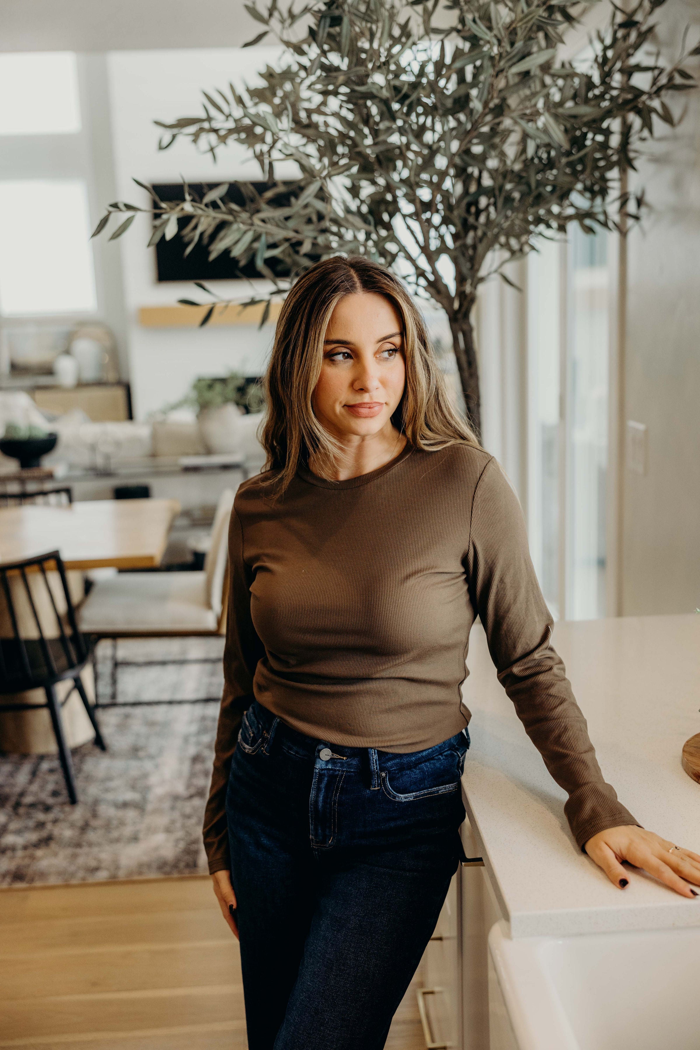 HIGH NECK LONG SLEEVE TEE IN DRIED SAGE FINAL SALE