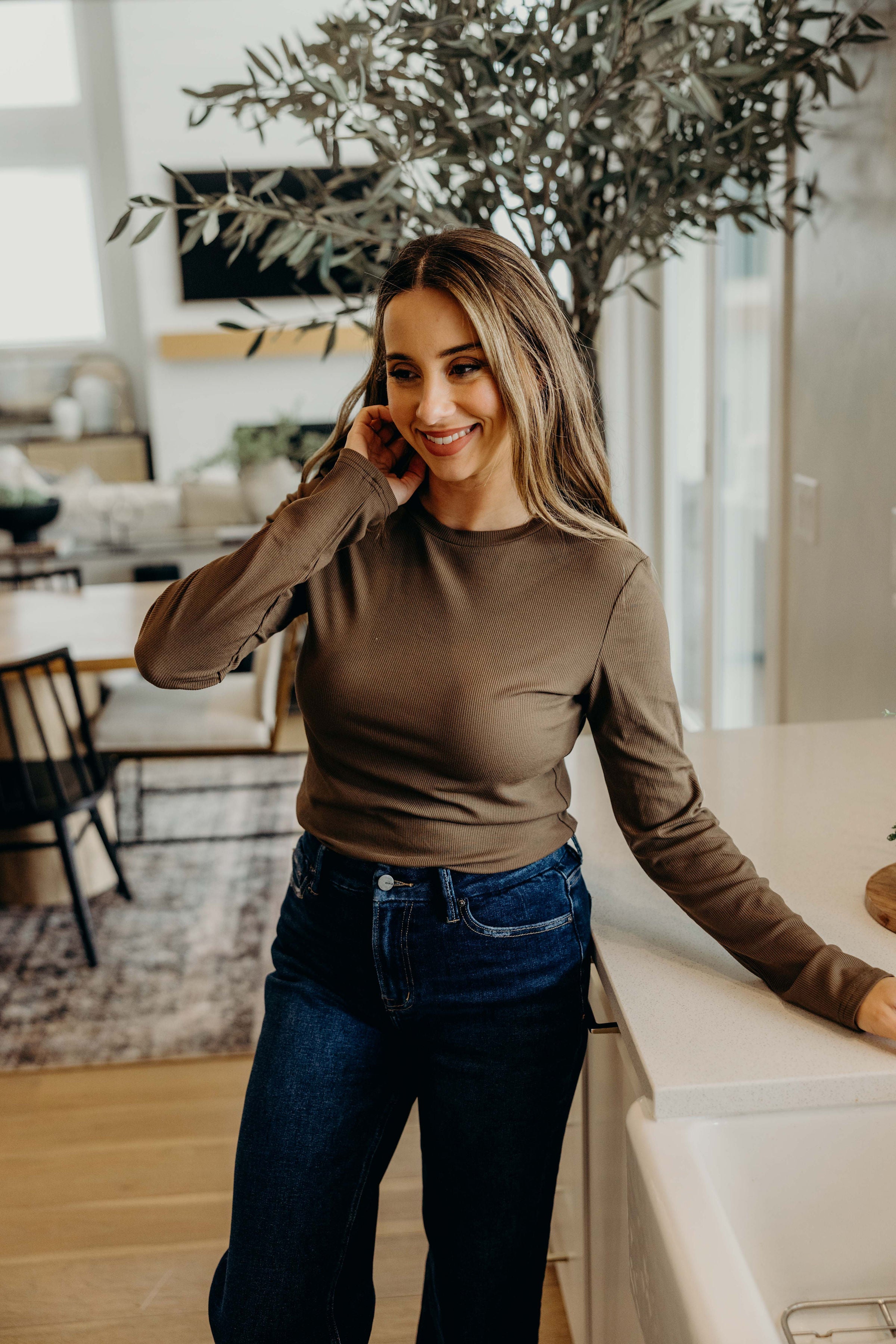 HIGH NECK LONG SLEEVE TEE IN DRIED SAGE FINAL SALE