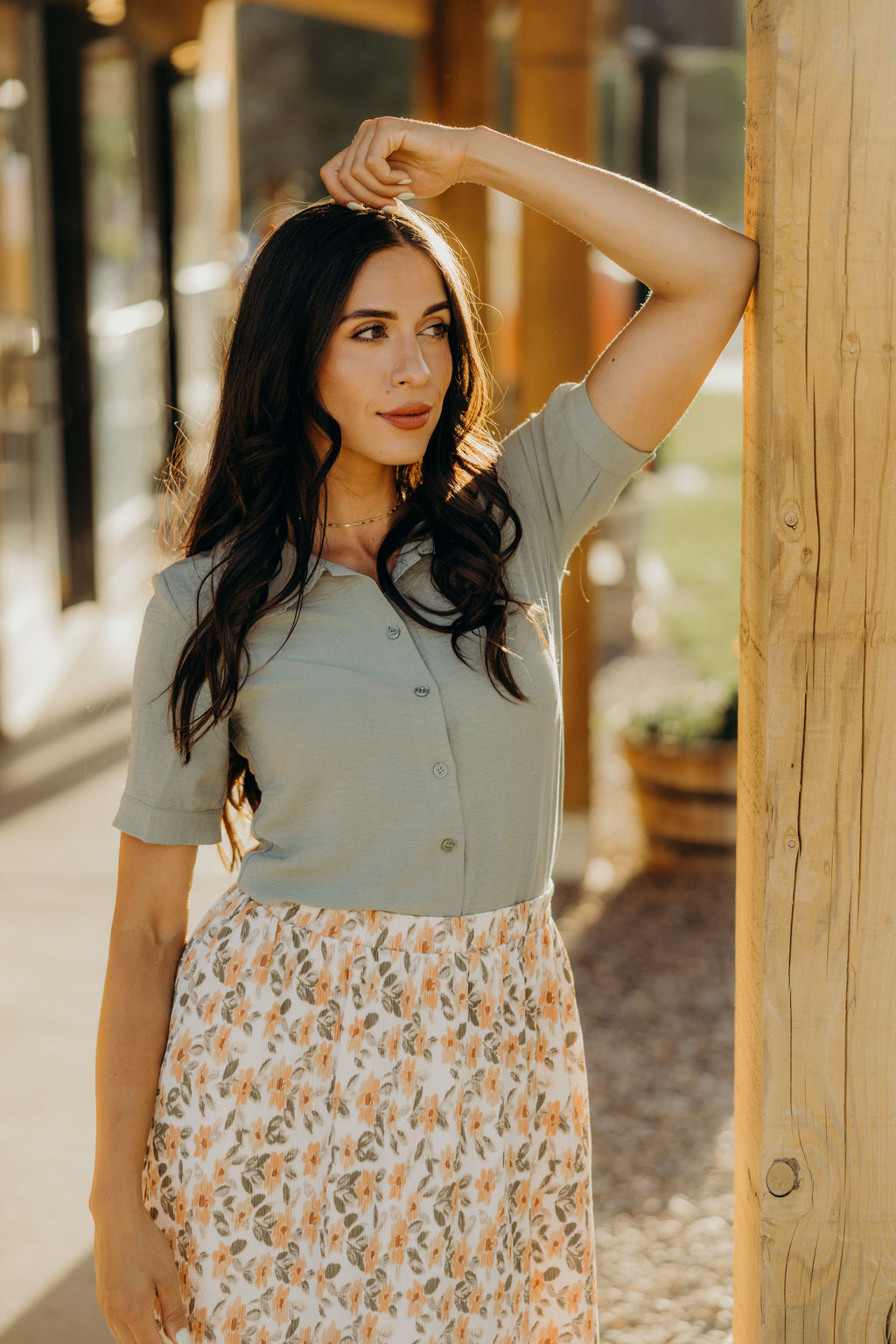RUFFLED COLLARED BLOUSE IN FOG GREEN FINAL SALE