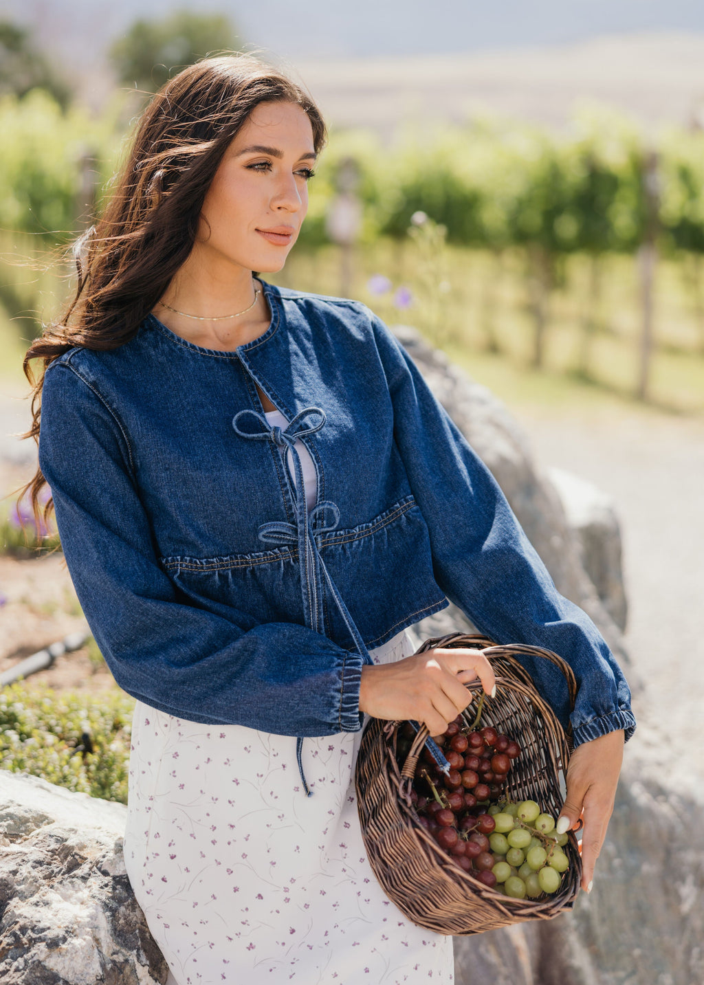 BOW CROPPED JACKET IN BLUE DENIM