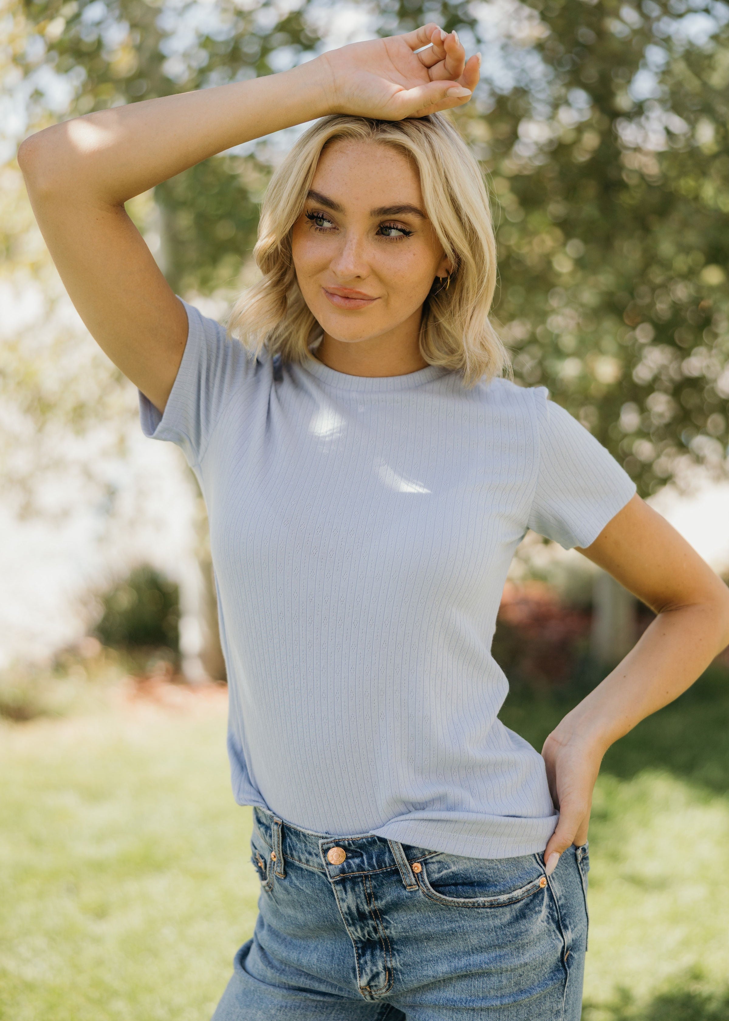 LETTUCE EDGE POINTELLE TEE IN CHAMBRAY BLUE