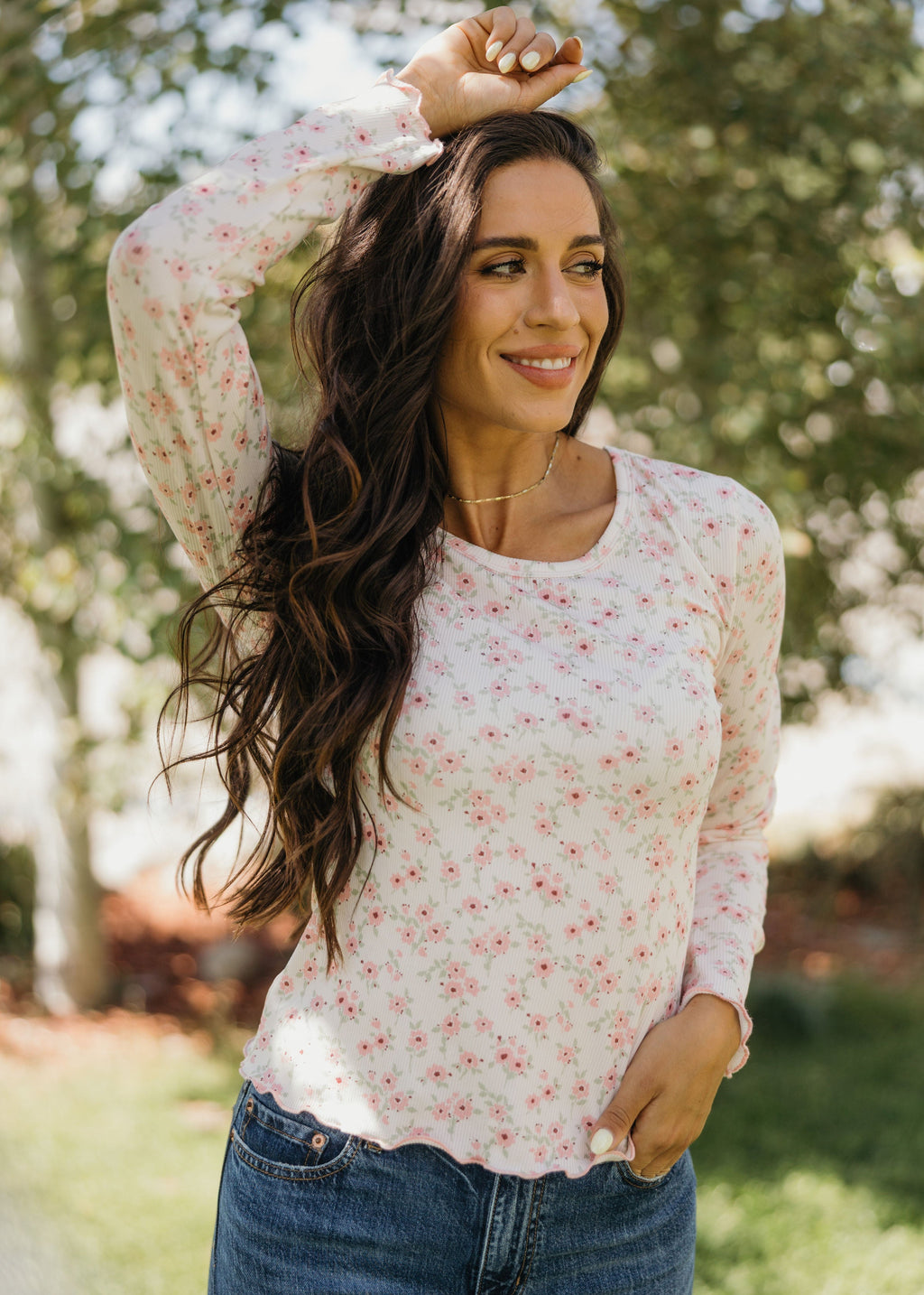LONG SLEEVE RIBBED TEE IN PINK CONFETTI FINAL SALE