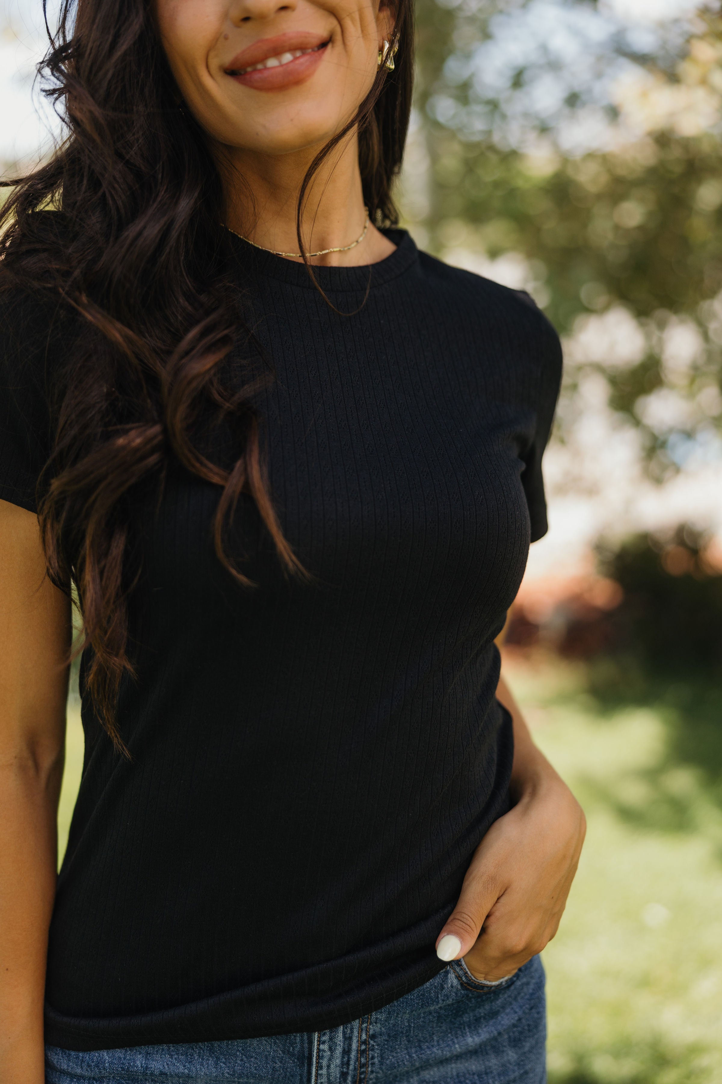 LETTUCE EDGE POINTELLE TEE IN BLACK