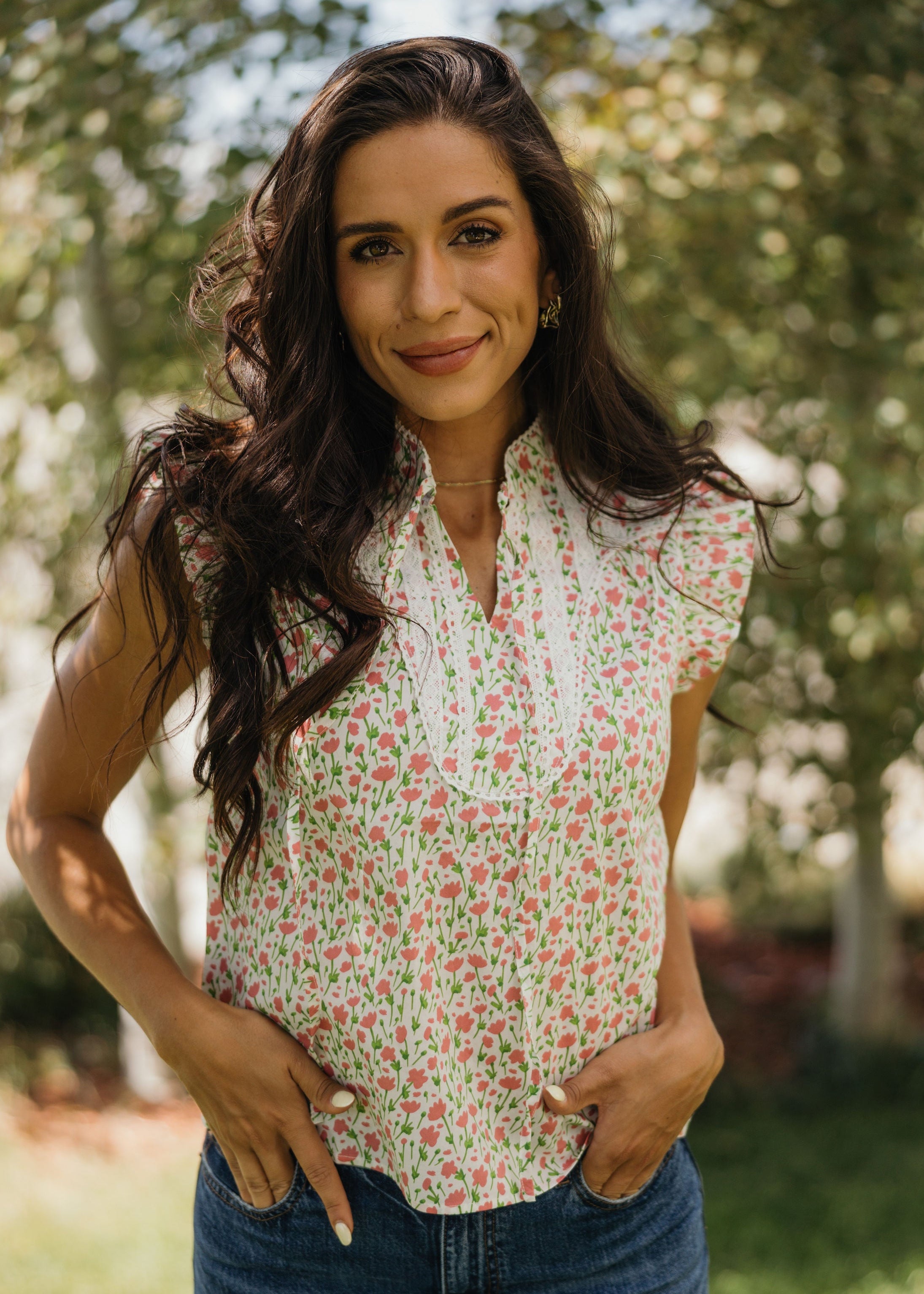 PINTUCK FLUTTER BLOUSE IN PEONY PICNIC