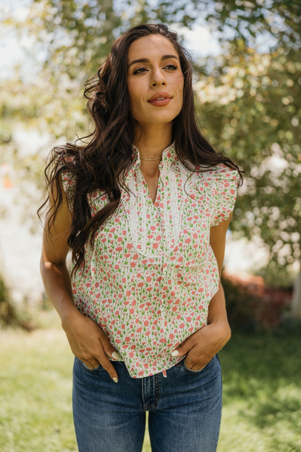 PINTUCK FLUTTER BLOUSE IN PEONY PICNIC