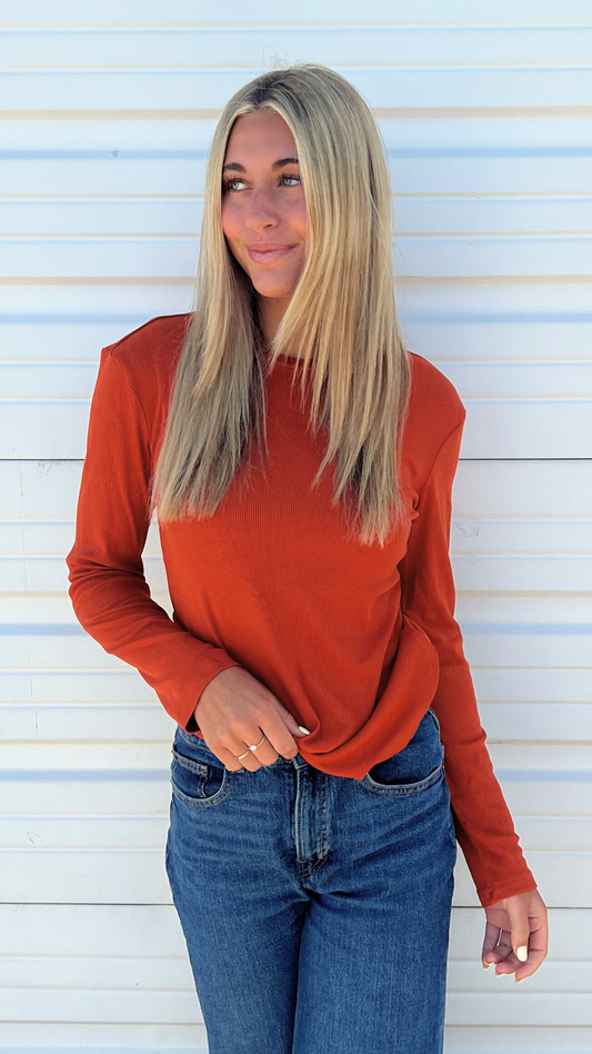 HIGH NECK LONG SLEEVE TEE IN BAKED CLAY