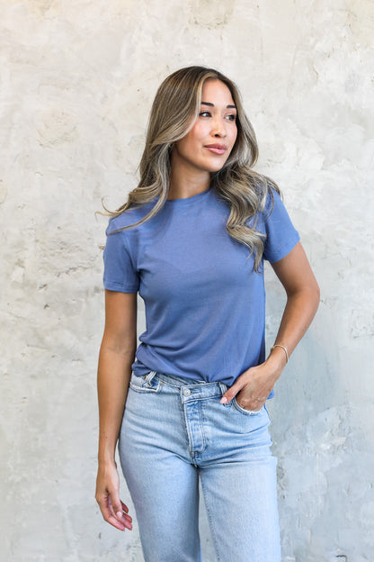 SHORT SLEEVE RIBBED TEE IN DENIM FINAL SALE