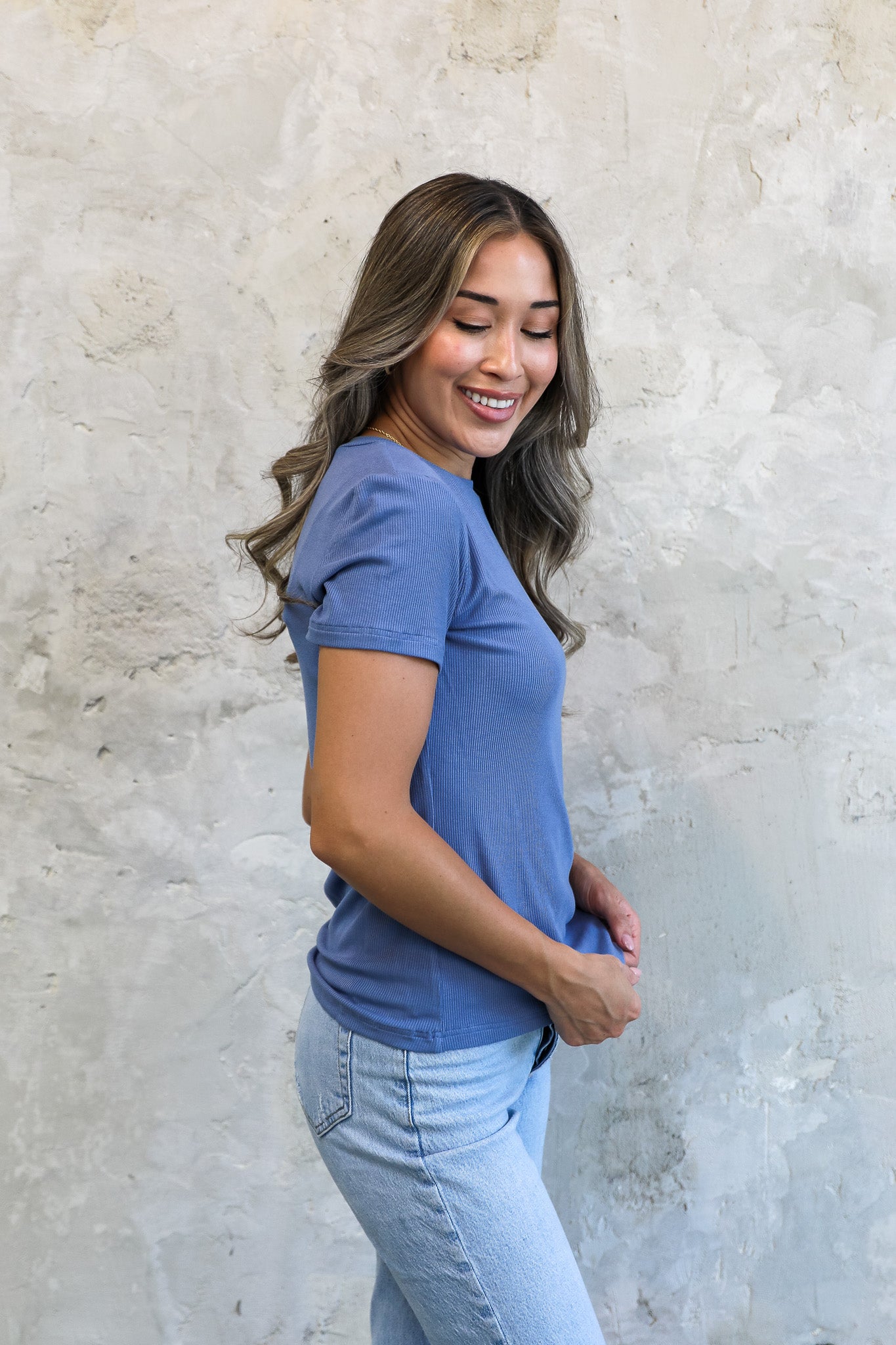 SHORT SLEEVE RIBBED TEE IN DENIM FINAL SALE