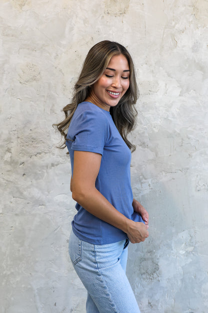 SHORT SLEEVE RIBBED TEE IN DENIM FINAL SALE