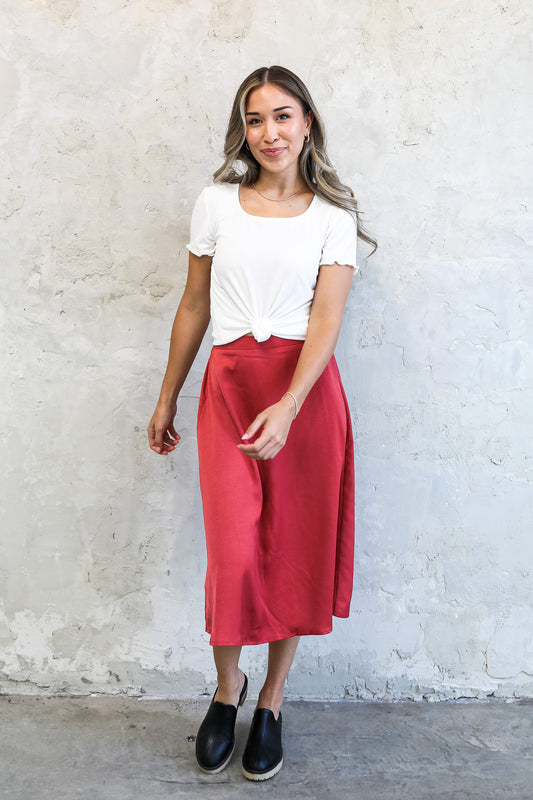 SILK MIDI SKIRT IN BRICK FINAL SALE