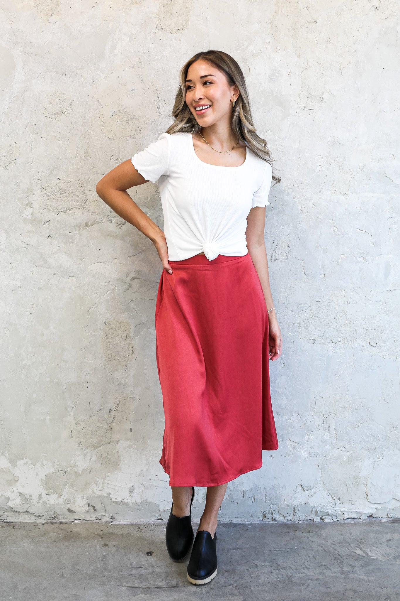 SILK MIDI SKIRT IN BRICK FINAL SALE