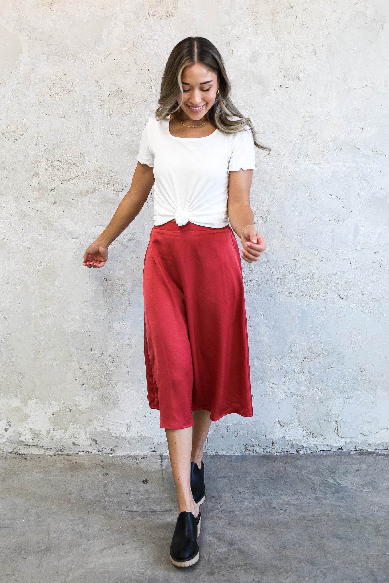 SILK MIDI SKIRT IN BRICK FINAL SALE