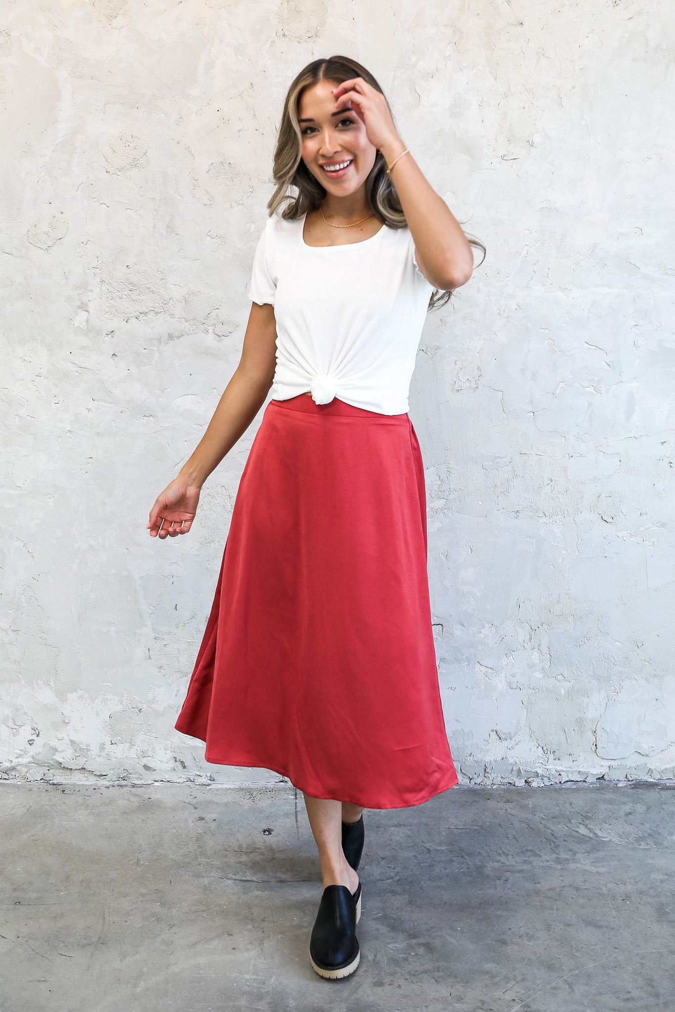 SILK MIDI SKIRT IN BRICK FINAL SALE