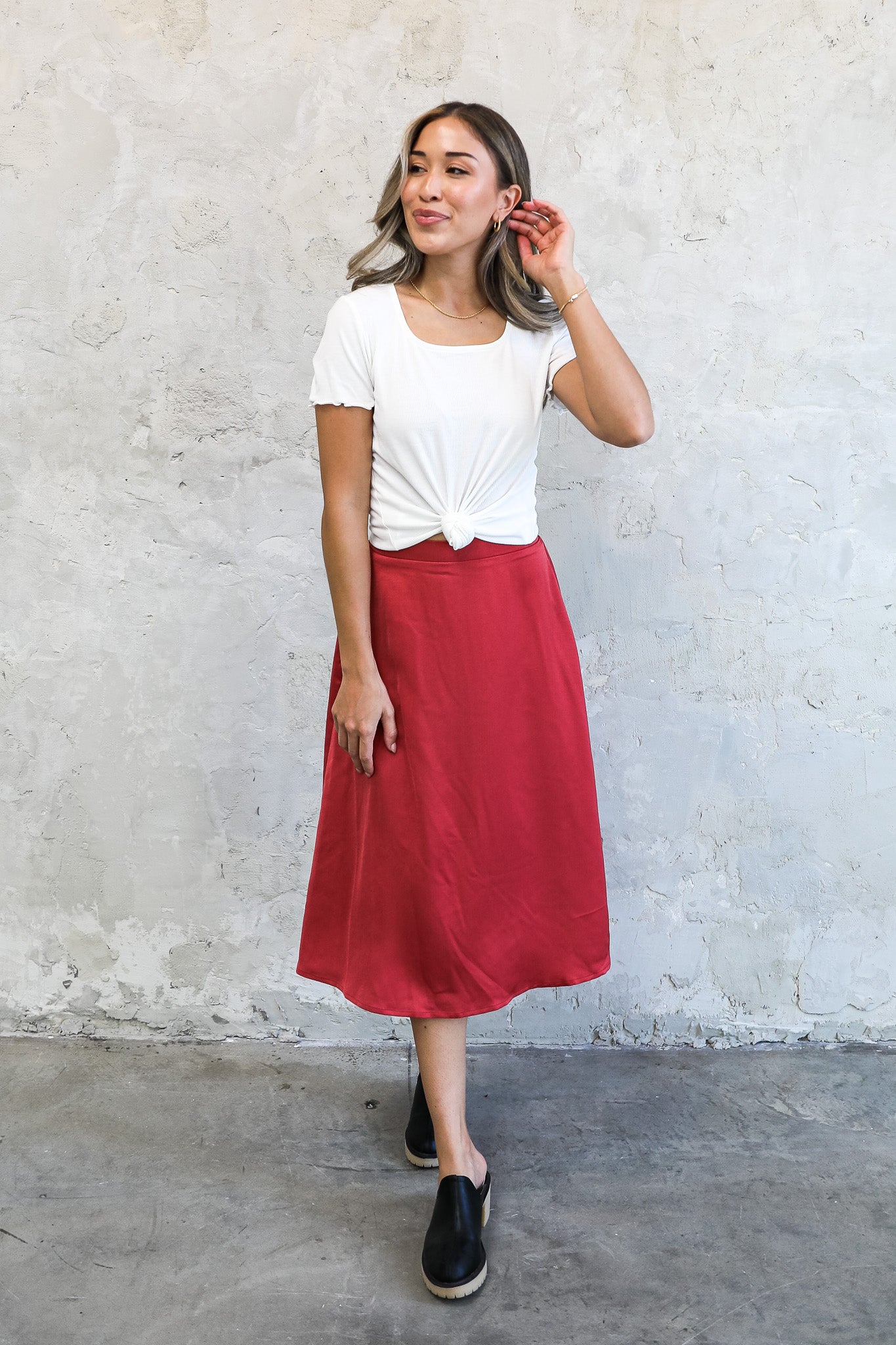 SILK MIDI SKIRT IN BRICK FINAL SALE