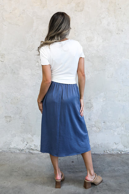 SILK MIDI SKIRT IN HERITAGE BLUE FINAL SALE