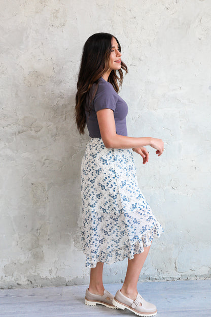 HIGH LOW RUFFLE SKIRT IN FRENCH BLUE FINAL SALE