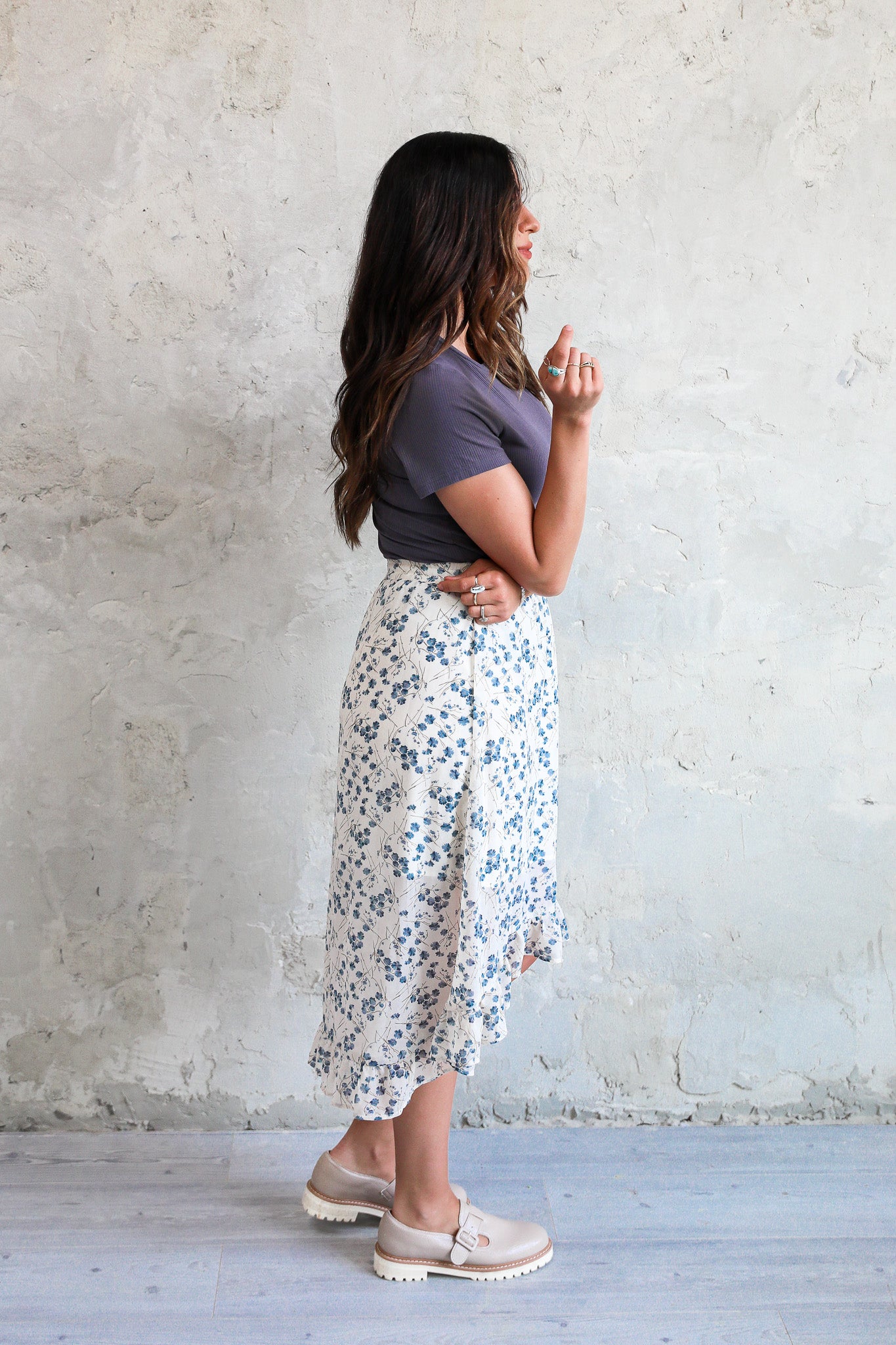 HIGH LOW RUFFLE SKIRT IN FRENCH BLUE FINAL SALE