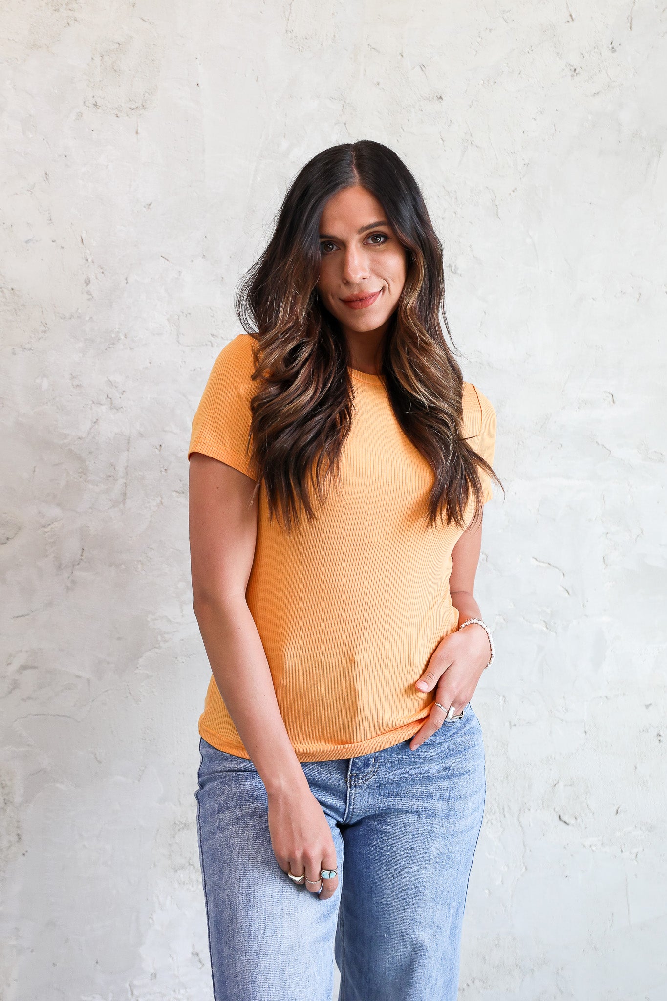 SHORT SLEEVE RIBBED TEE IN MARIGOLD FINAL SALE