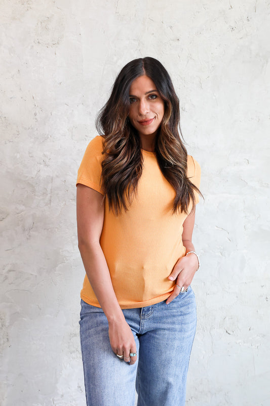 SHORT SLEEVE RIBBED TEE IN MARIGOLD FINAL SALE