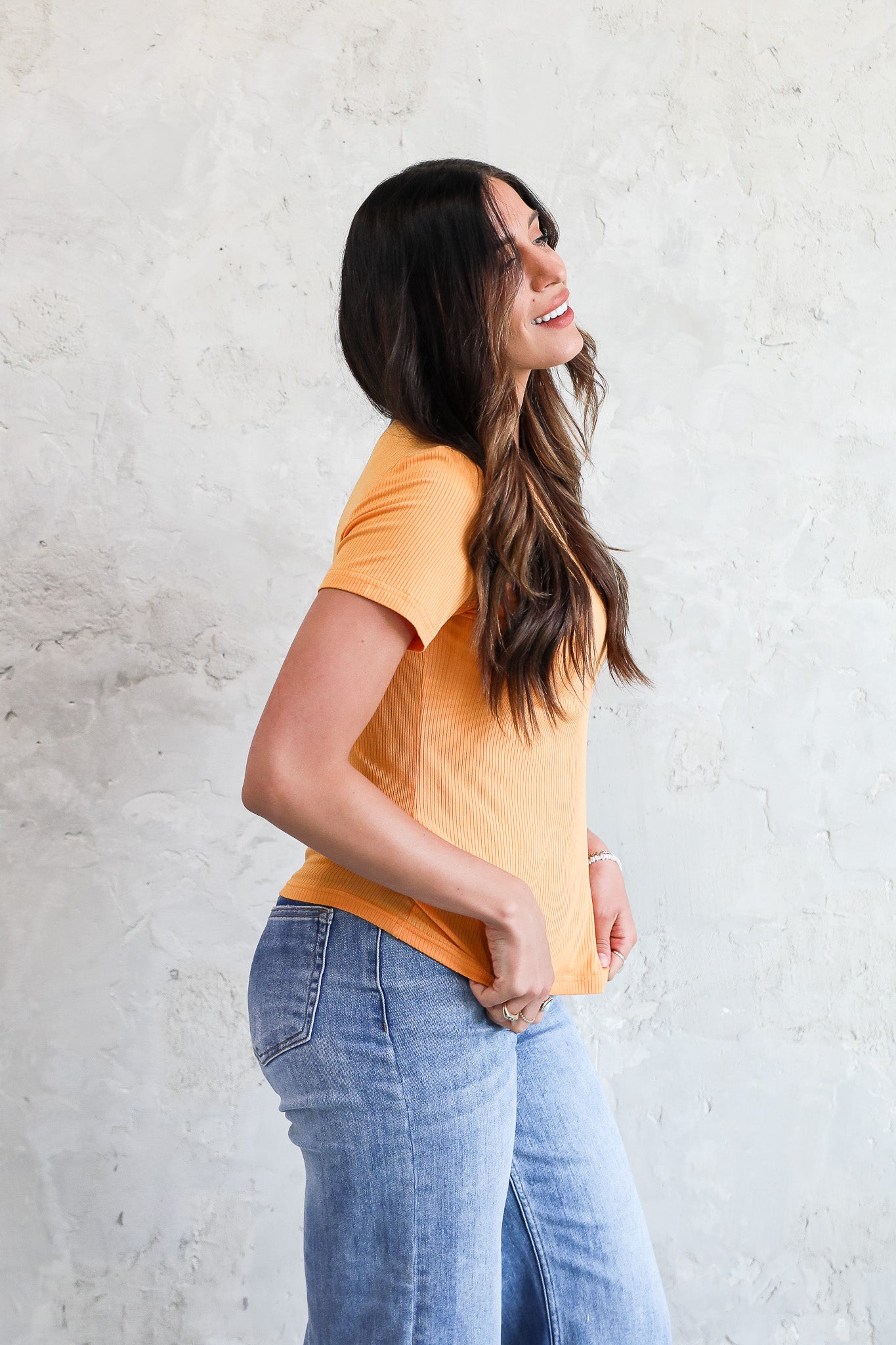 SHORT SLEEVE RIBBED TEE IN MARIGOLD FINAL SALE