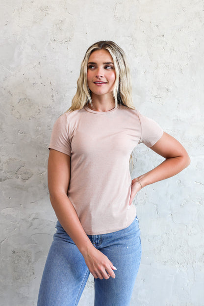 SHORT SLEEVE RIBBED TEE IN OATMEAL FINAL SALE