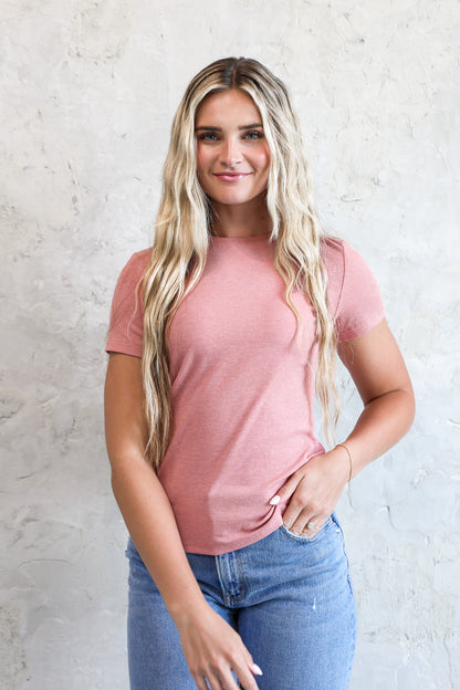 SHORT SLEEVE RIBBED TEE IN PEONY - FINAL SALE