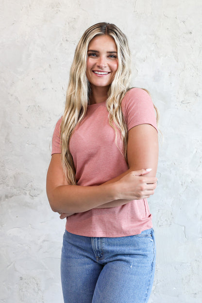 SHORT SLEEVE RIBBED TEE IN PEONY - FINAL SALE