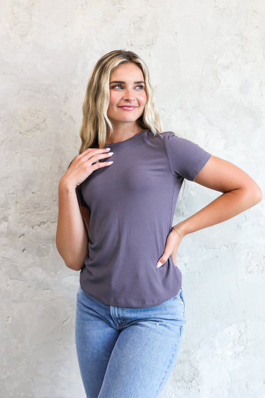 SHORT SLEEVE RIBBED TEE IN STORMY GRAY FINAL SALE