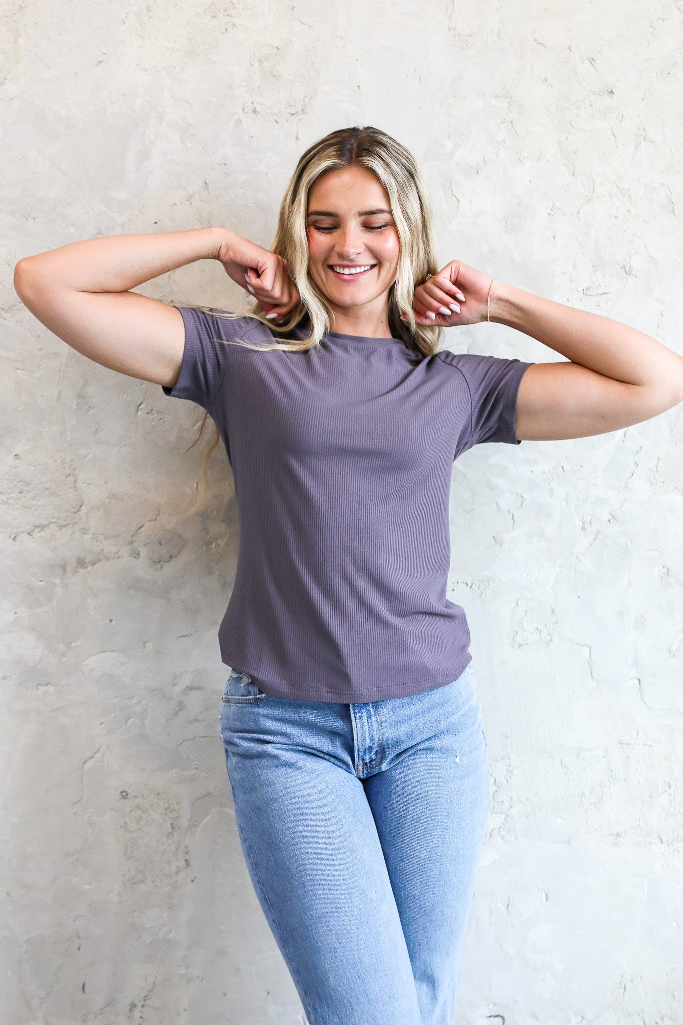 SHORT SLEEVE RIBBED TEE IN STORMY GRAY FINAL SALE