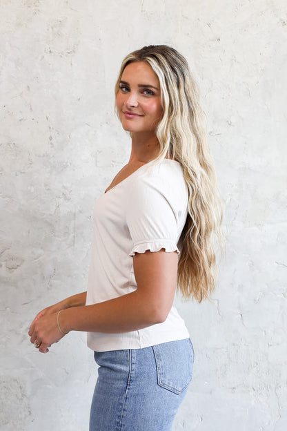 V NECK RUFFLE TEE IN SEA SALT FINAL SALE