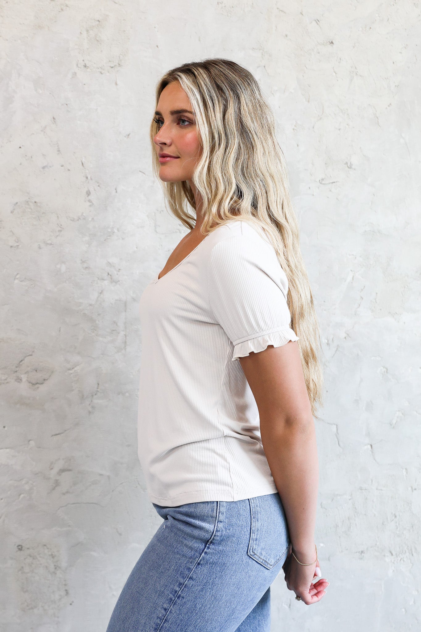 V NECK RUFFLE TEE IN SEA SALT FINAL SALE