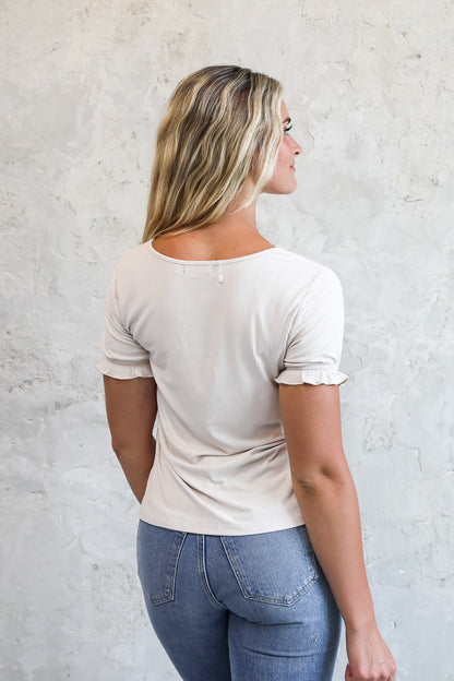 V NECK RUFFLE TEE IN SEA SALT FINAL SALE