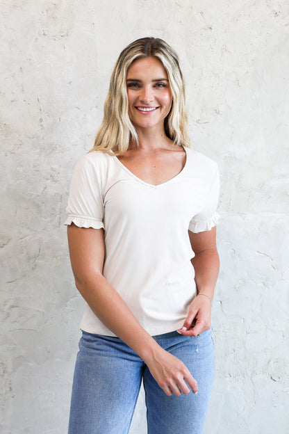 V NECK RUFFLE TEE IN SEA SALT FINAL SALE